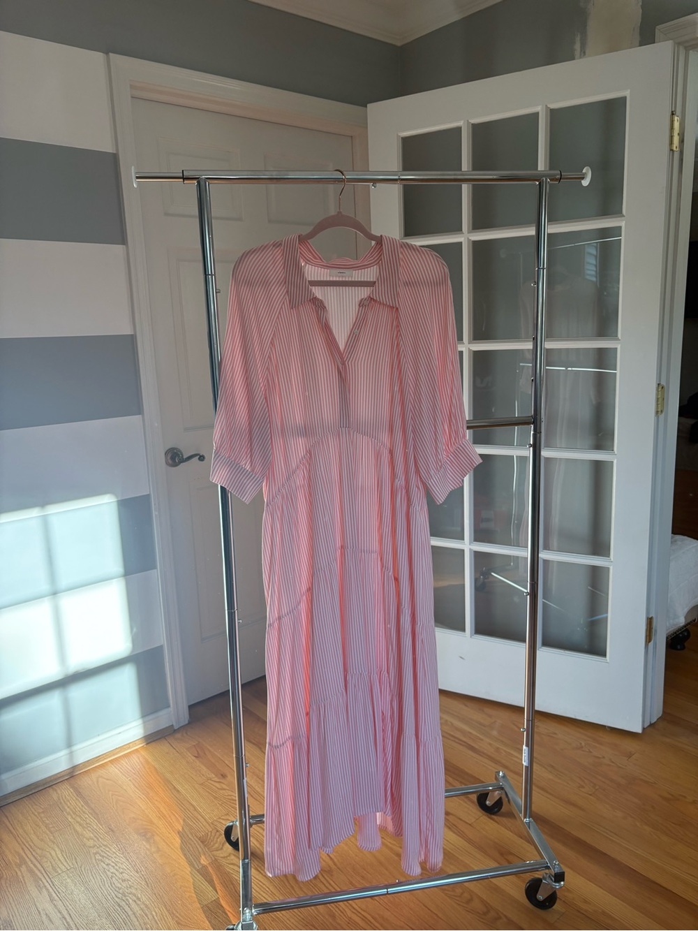 A Loves A Striped Pink Maxi Shirt Dress with Tiered Skirt